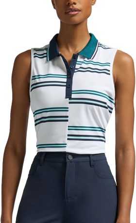 G/FORE Womens Offset Stripe Tech Pique Sleeveless Golf Polo Shirt - White, Size: Large