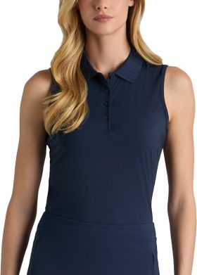 G/FORE Womens Pleated Collar Silky Tech Nylon Sleeveless Golf Polo Shirt - Blue, Size: Large