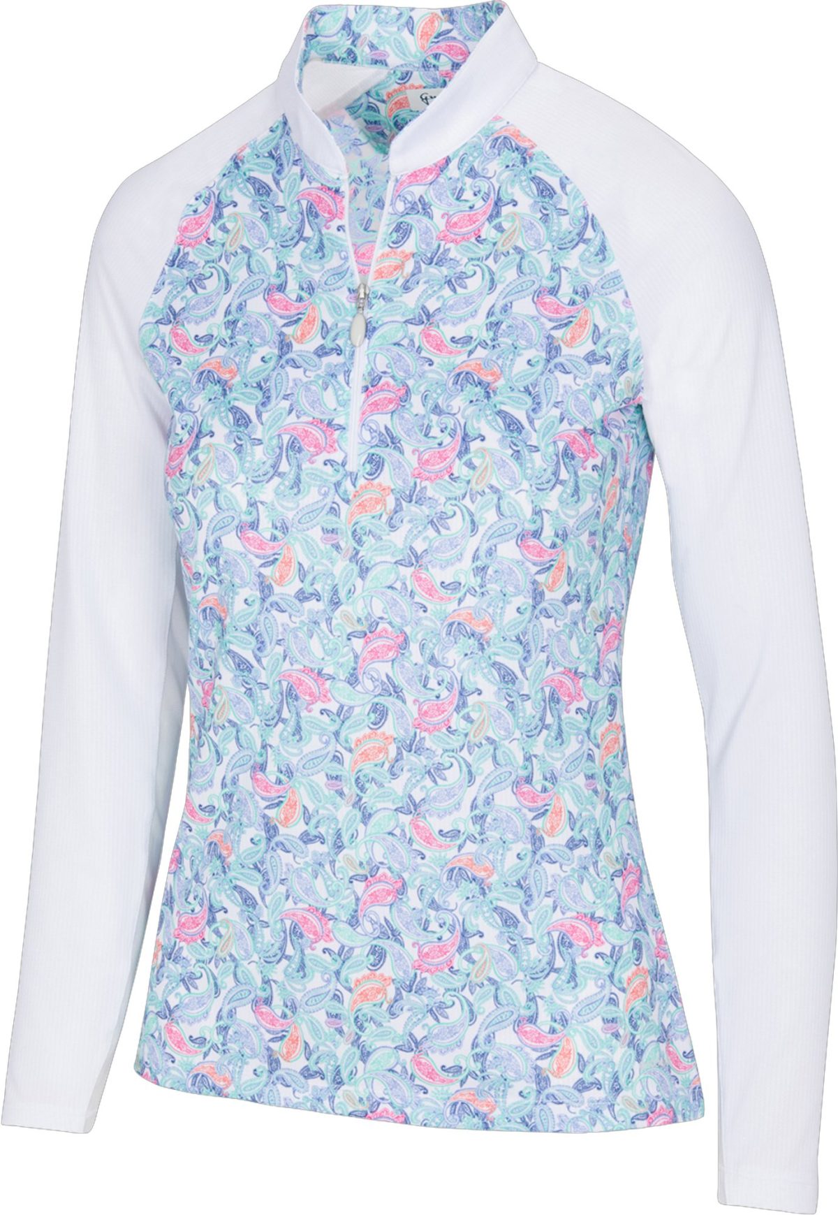 Greg Norman Womens Sun-Protection Paisley Print Half Zip Golf Top - White, Size: Small