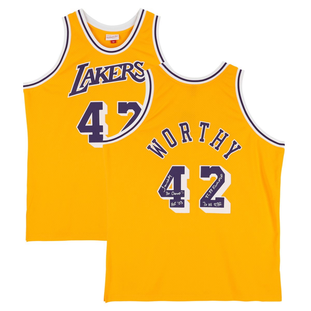 James Worthy Los Angeles Lakers Autographed Mitchell & Ness 1984-85 Gold Authentic Jersey with Multiple Career Inscriptions - Limited Edition #10/10