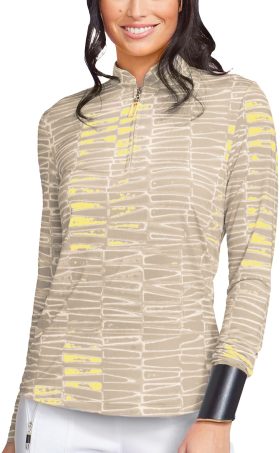 Jamie Sadock Womens Triangles Sunsense Long Sleeve Golf Top - Khaki, Size: Large