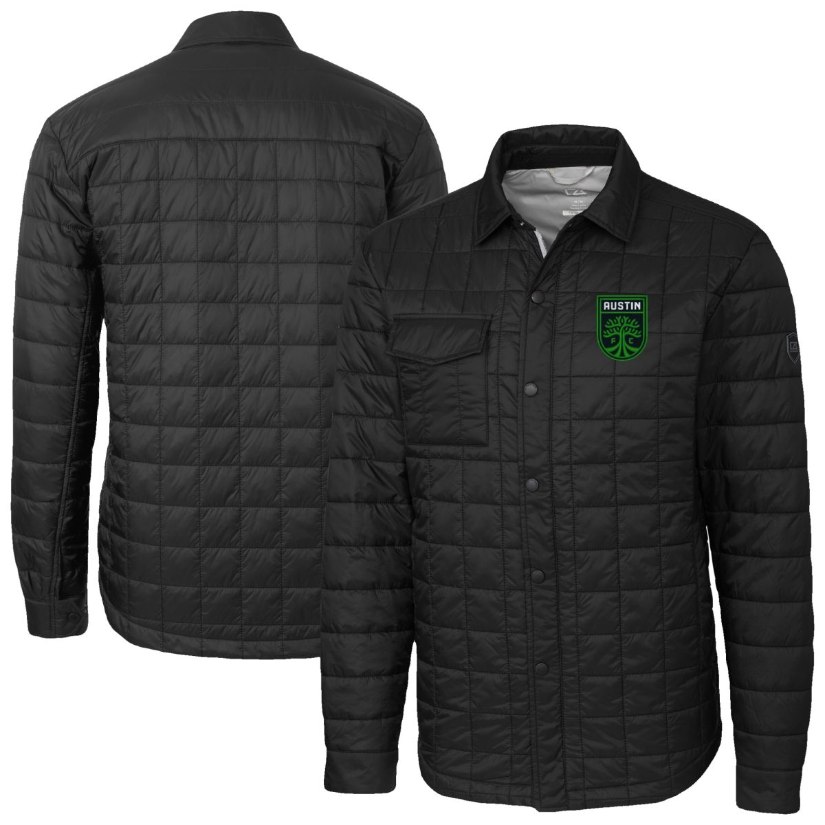 Men's Cutter & Buck Black Austin FC Big & Tall Rainier PrimaLoft Eco Insulated Full-Snap Quilted Shirt Jacket