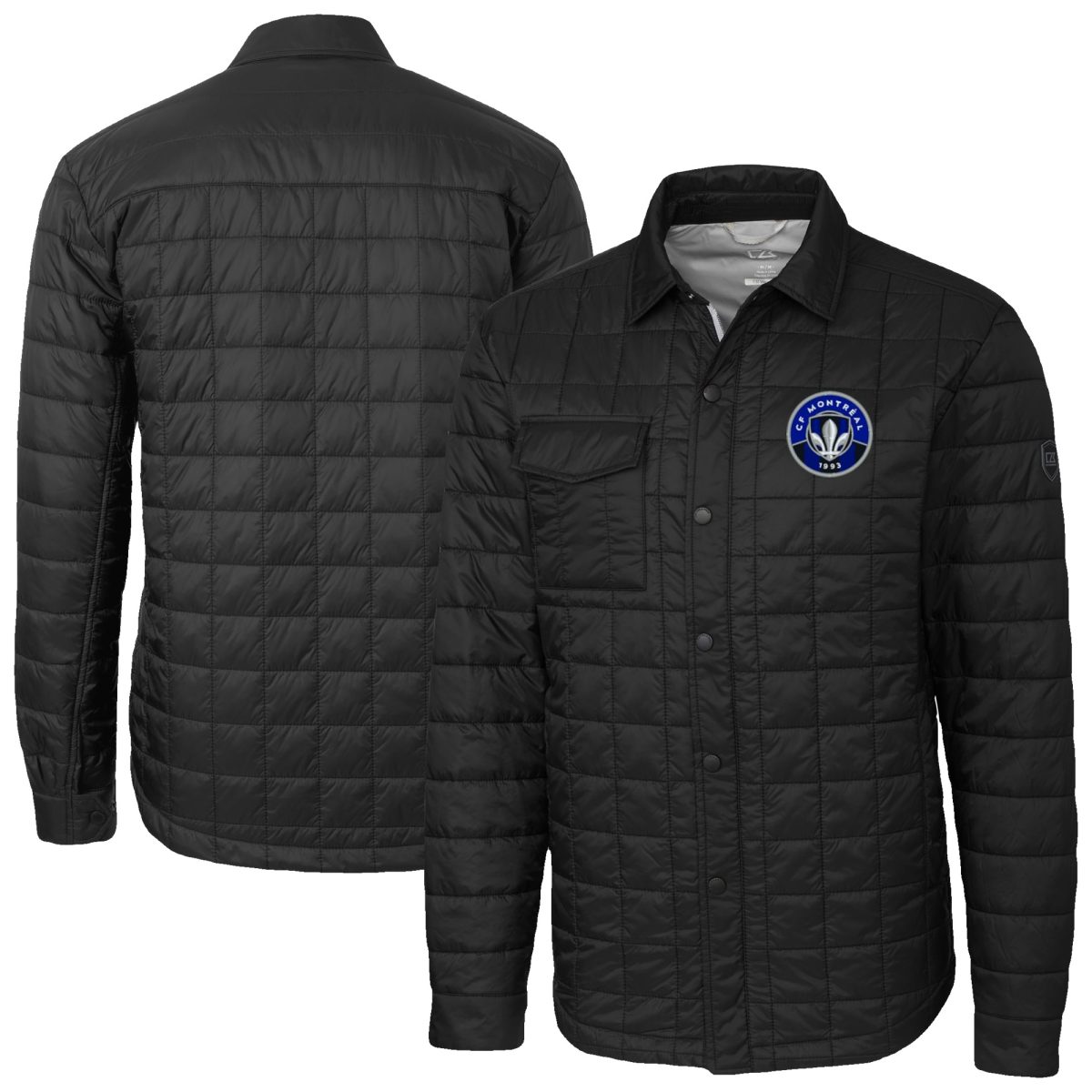 Men's Cutter & Buck Black CF Montreal Big & Tall Rainier PrimaLoft Eco Insulated Full-Snap Quilted Shirt Jacket