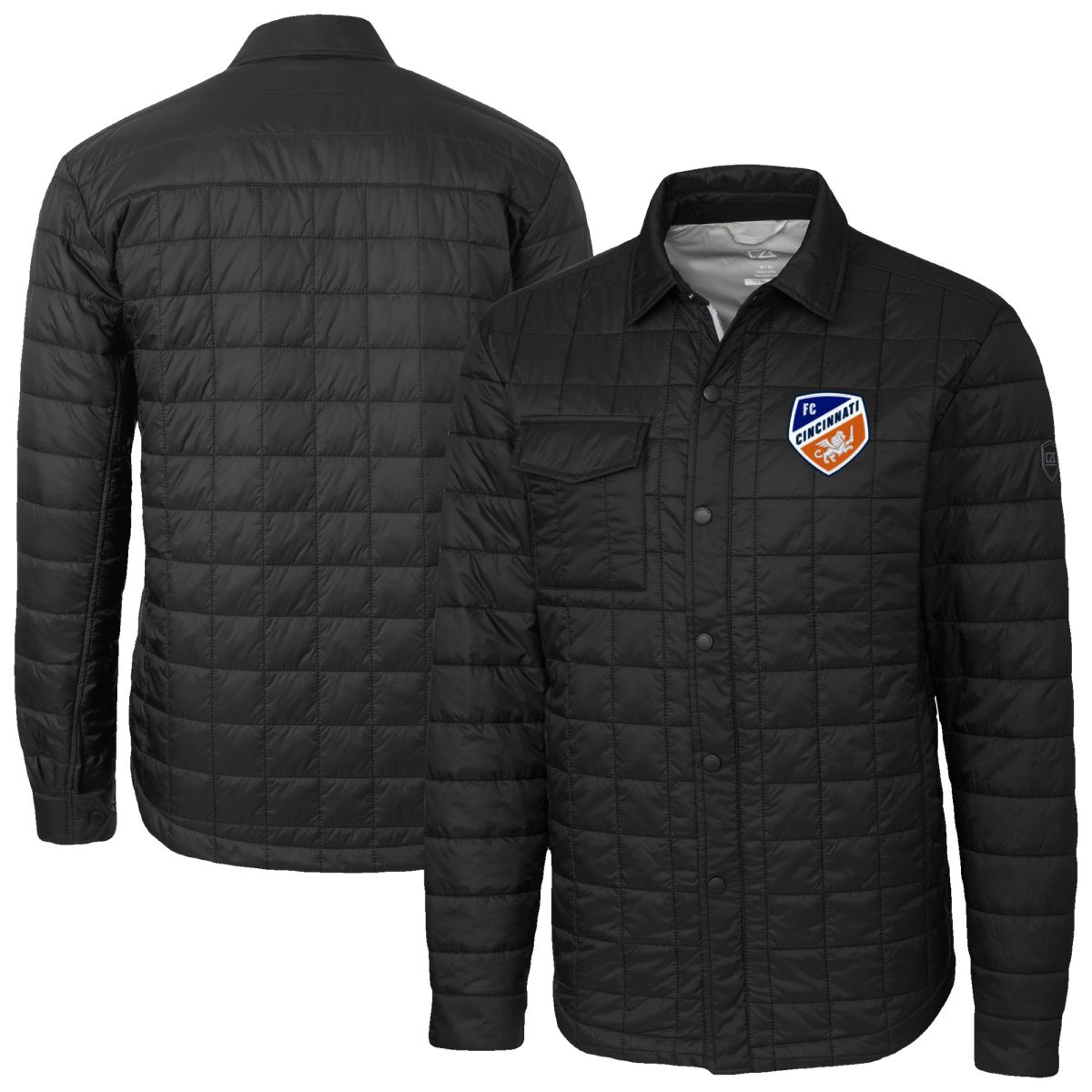 Men's Cutter & Buck Black FC Cincinnati Big & Tall Rainier PrimaLoft Eco Insulated Full-Snap Quilted Shirt Jacket