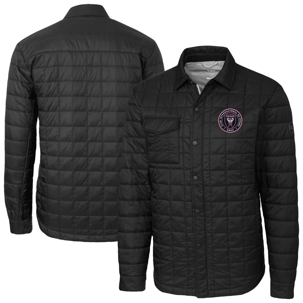 Men's Cutter & Buck Black Inter Miami CF Big & Tall Rainier PrimaLoft Eco Insulated Full-Snap Quilted Shirt Jacket