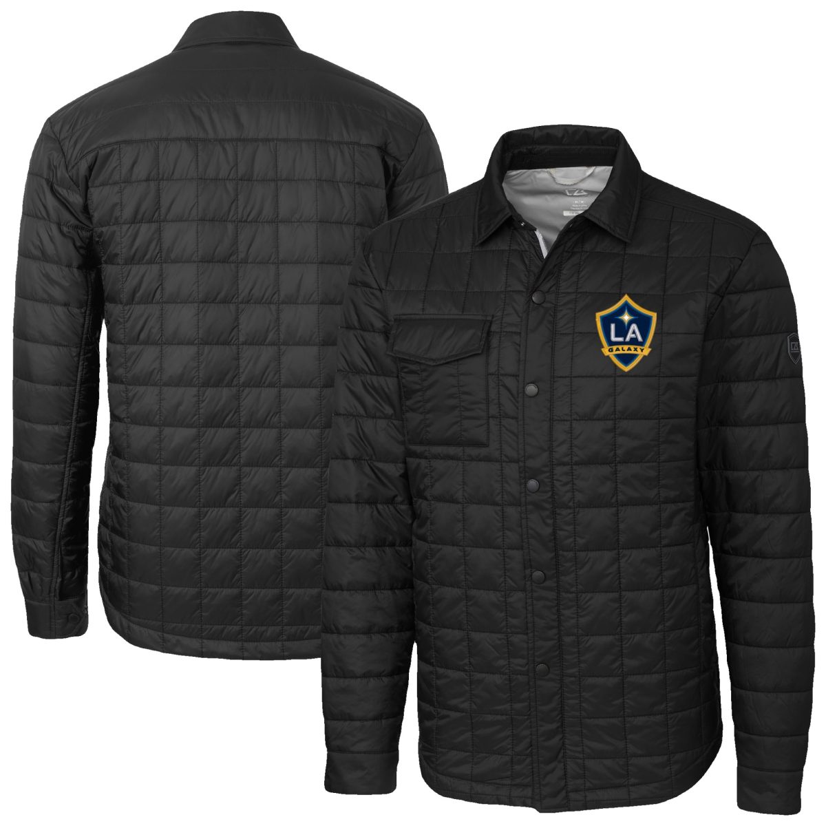 Men's Cutter & Buck Black LA Galaxy Big & Tall Rainier PrimaLoft Eco Insulated Full-Snap Quilted Shirt Jacket