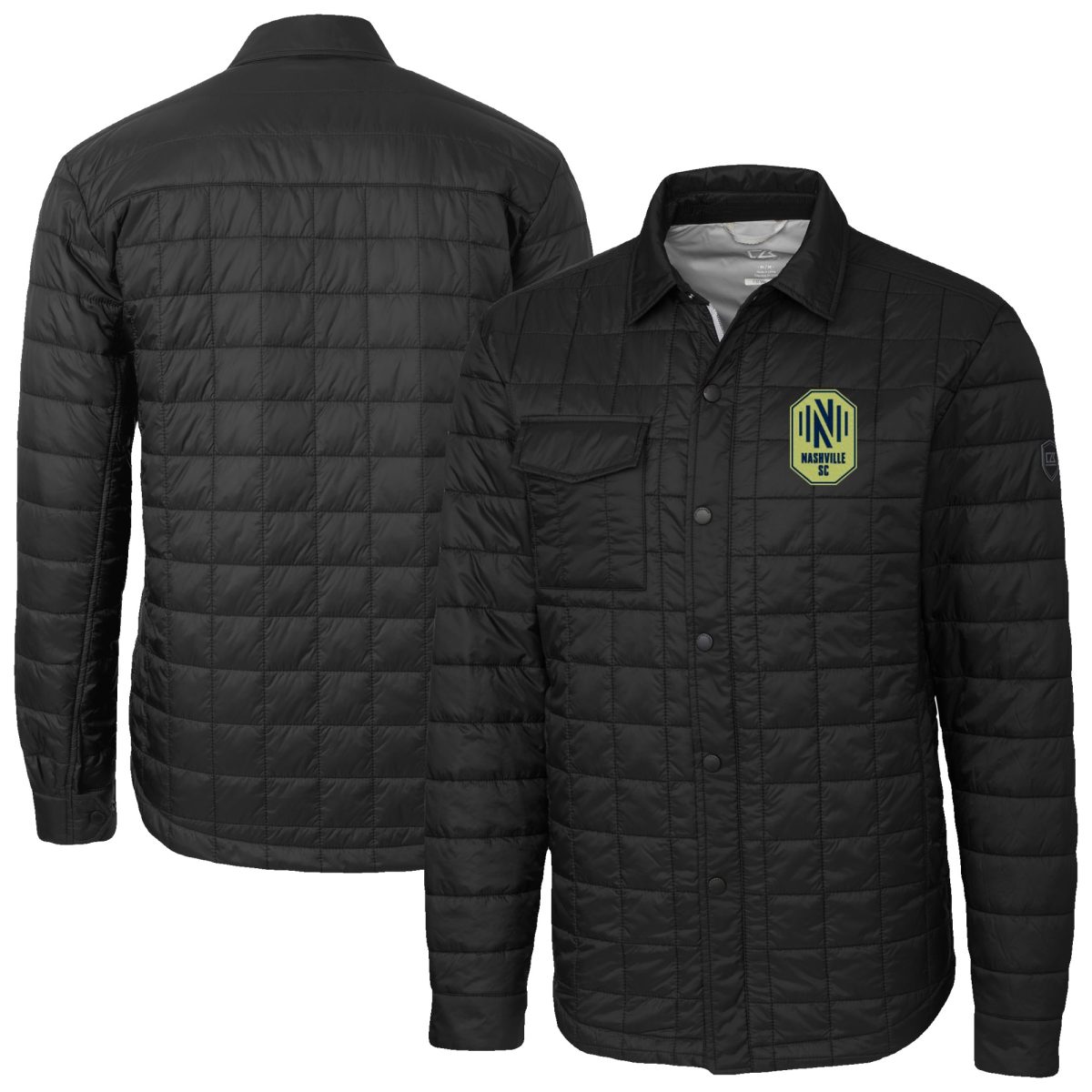 Men's Cutter & Buck Black Nashville SC Big & Tall Rainier PrimaLoft Eco Insulated Full-Snap Quilted Shirt Jacket