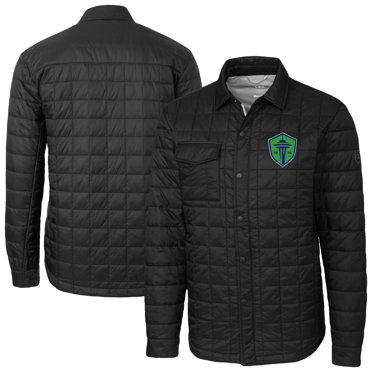 Men's Cutter & Buck Black Seattle Sounders FC Big & Tall Rainier PrimaLoft Eco Insulated Full-Snap Quilted Shirt Jacket