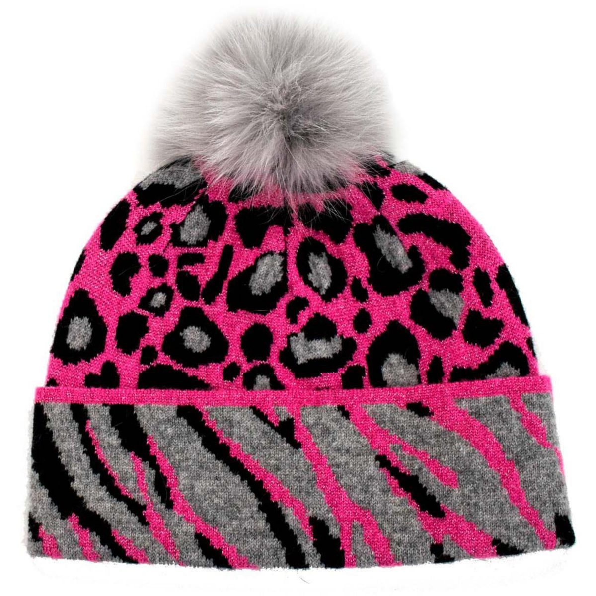 Mitchies Matchings Women's Animal Print Faux Pom Beanie