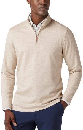 Mizzen+Main KPI Quarter Zip Men's Golf Pullover - Oyster Heather - Khaki, Size: XXL - Classic