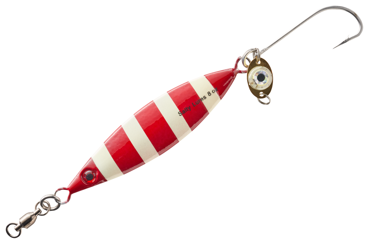 Salty Lures Jigging Spoon with Auto LED Light - Red-Lumin Stripe - 6" - 8 oz.