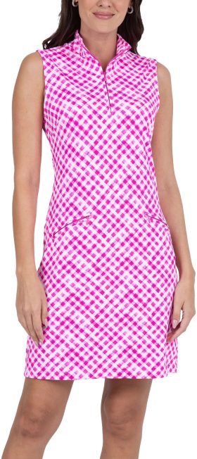 IBKUL Womens Gingham Check Print Sleeveless Mock Golf Dress - Pink, Size: Large