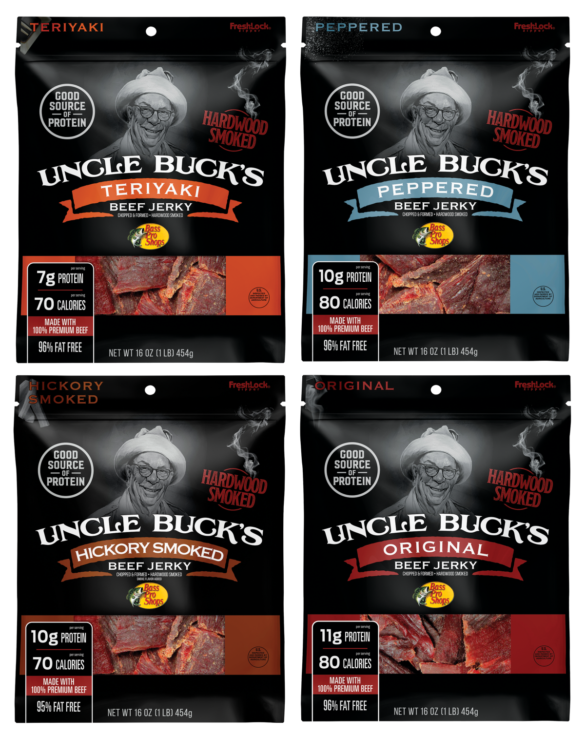 Bass Pro Shops Uncle Buck's Original, Teriyaki, Peppered, and Hickory-Smoked Beef Jerky 4-Pack Combo