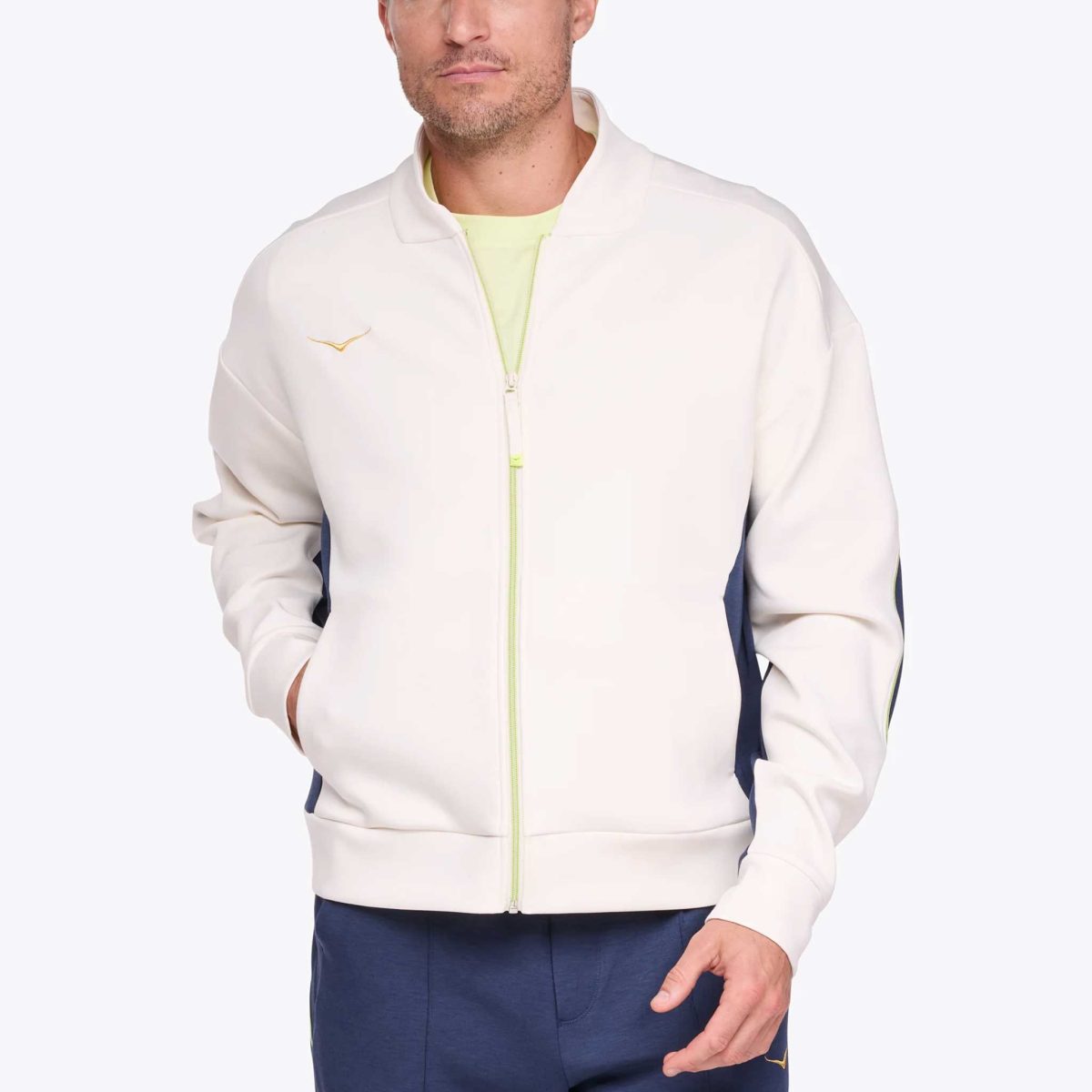 HOKA Kaitoro Knit Jacket Men's Running Apparel Alabaster/Varsity Navy, Size Large