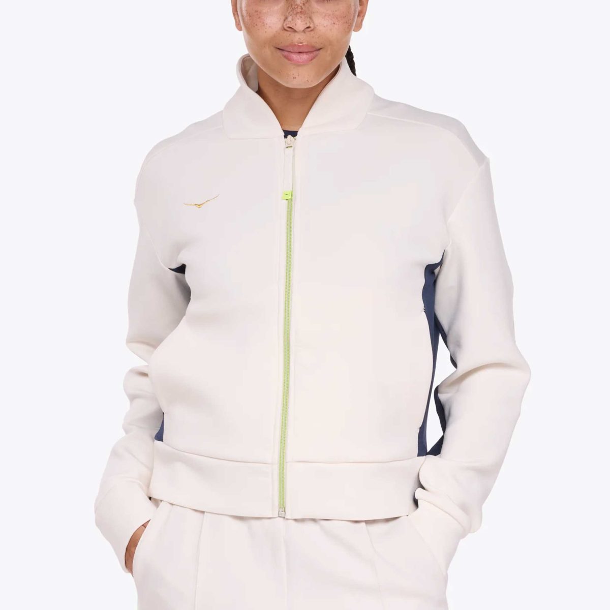 HOKA Kaitoro Knit Jacket Women's Running Apparel Alabaster/Varsity Navy, Size Small