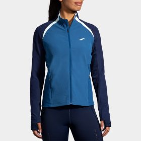 Brooks Fusion Hybrid Jacket Women's Running Apparel Navy/Blue Ash/Ice Blue, Size Small