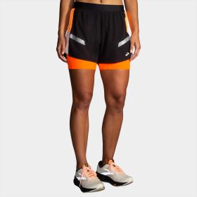 Brooks Run Visible 4" 2-in-1 Short 2.0 Women's Running Apparel Black/Ecru/Fluoro Flash, Size Small