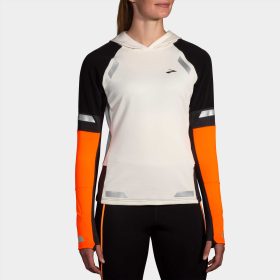 Brooks Run Visible Notch Thermal Hoodie 2.0 Women's Running Apparel Ecru/Fluoro Flash/Black, Size XL
