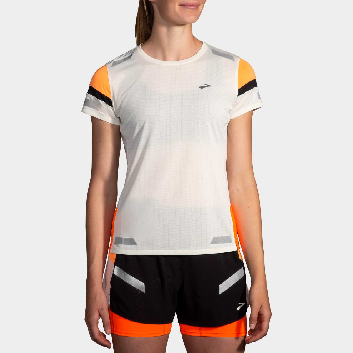 Brooks Run Visible Short Sleeve 2.0 Women's Running Apparel Ecru/Fluoro Flash/Black, Size XL