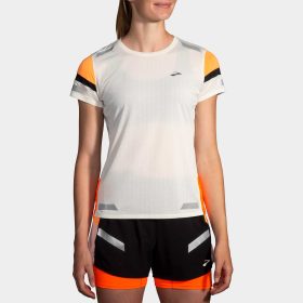 Brooks Run Visible Short Sleeve 2.0 Women's Running Apparel Ecru/Fluoro Flash/Black, Size XL
