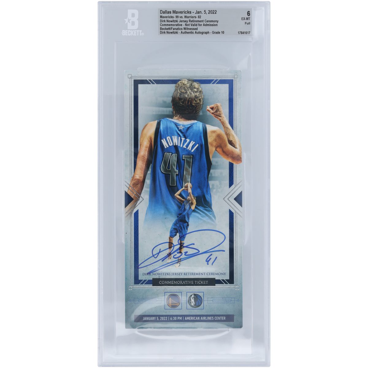 Dirk Nowitzki Dallas Mavericks Jersey Retirement Ceremony Commemorative Ticket Beckett Fanatics Witnessed Authenticated 6/10 Ticket from January 5, 2022