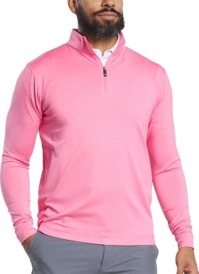 FootJoy Shadow Stripe Quarter-Zip Mid-Layer Men's Golf Pullover - Pink Lemonade - Pink, Size: Large