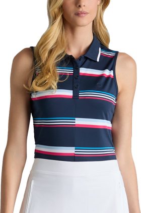 G/FORE Womens Tech Pique Engineered Stripe Sleeveless Golf Polo - Blue, Size: Large