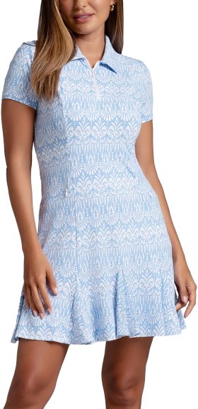 IBKUL Womens Barbara Print Short Sleeve Godet Golf Dress - Blue, Size: Small