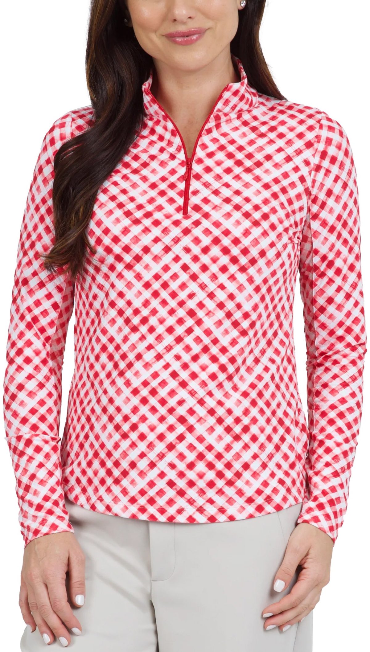 IBKUL Womens Gingham Check Print Long Sleeve Mock Neck Golf Top - Red, Size: Large