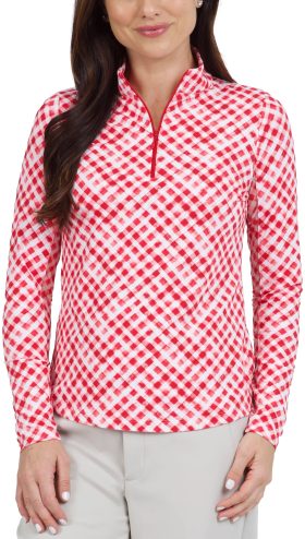 IBKUL Womens Gingham Check Print Long Sleeve Mock Neck Golf Top - Red, Size: Large