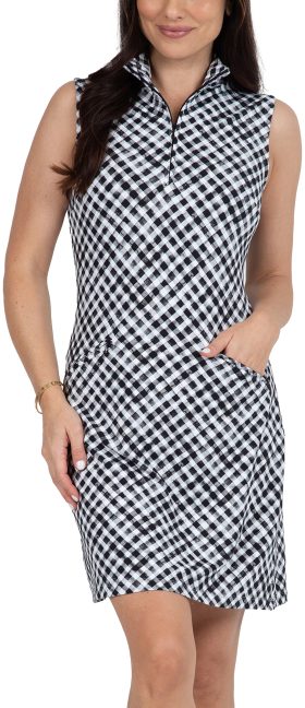 IBKUL Womens Gingham Check Print Sleeveless Mock Golf Dress - Black, Size: Medium