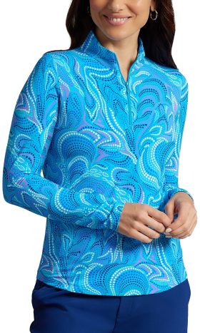 IBKUL Womens Rebecca Print Long Sleeve Mock Neck Golf Top - Blue, Size: Small