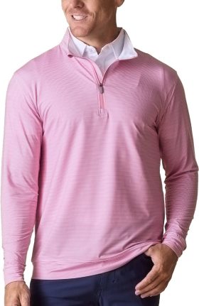 Straight Down Clearwater Stripe Quarter Zip Men's Golf Pullover - Pink, Size: Large