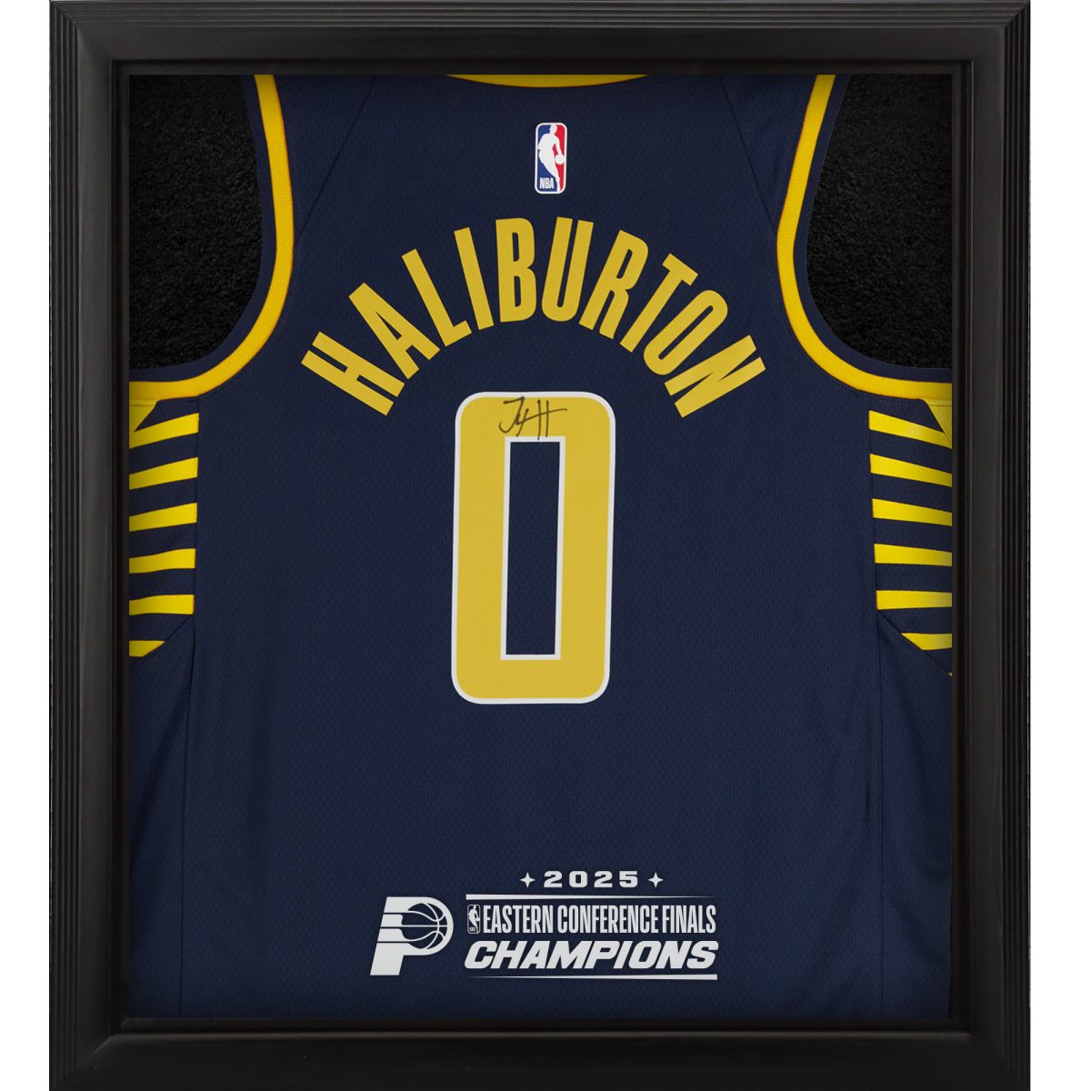 Tyrese Haliburton Indiana Pacers Autographed Nike Navy Icon Swingman Jersey Shadowbox with 2025 NBA Eastern Conference Champions Logo