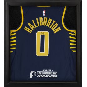 Tyrese Haliburton Indiana Pacers Autographed Nike Navy Icon Swingman Jersey Shadowbox with 2025 NBA Eastern Conference Champions Logo