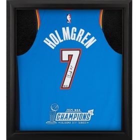 Chet Holmgren Oklahoma City Thunder Autographed Nike Blue Icon Authentic Jersey Shadowbox with 2025 NBA Finals Champions Logo